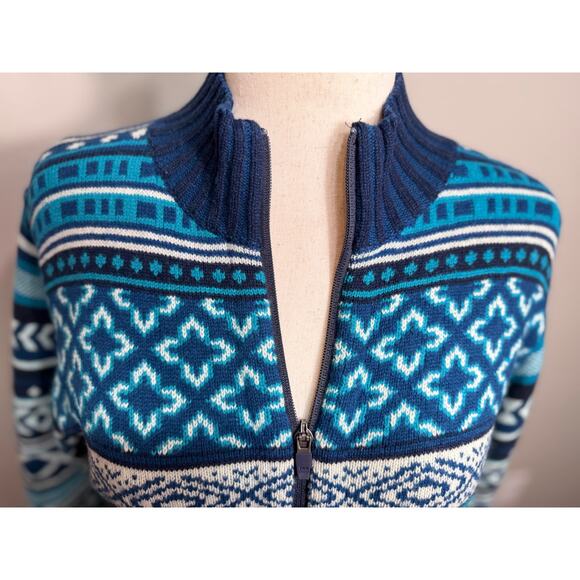 Title Nine cardigan sweater fair isle blue white mix pattern zip & pockets Sz L - Picture 2 of 8